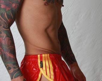 Glanz PU Nylon Hi Cut/Low Rise Sprinter Shorts - Größen Klein bis 4XL - Rot & Sonnenblume Gold