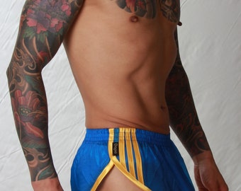 Soft Ripstop Nylon Hi Cut/Low Rise Sprinter Shorts - Sizes Small to 4XL - Royal Blue & Sunflower Gold