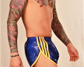 Gloss PU Nylon Retro Sprinter Shorts - Maten Klein tot 4XL - Royal Blue & Sunflower Gold