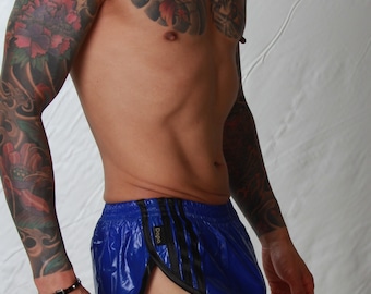 Glanz PU Nylon Hi Cut/Low Rise Sprinter Shorts - Größen Klein bis 4XL - Royal Blau & Schwarz