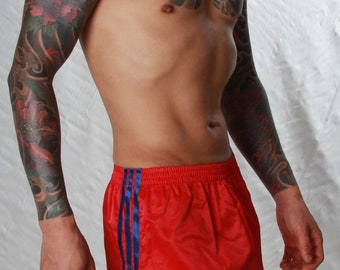 Nylon Satin Retro Football Shorts - Sizes Small to 4XL - Red & Royal Blue