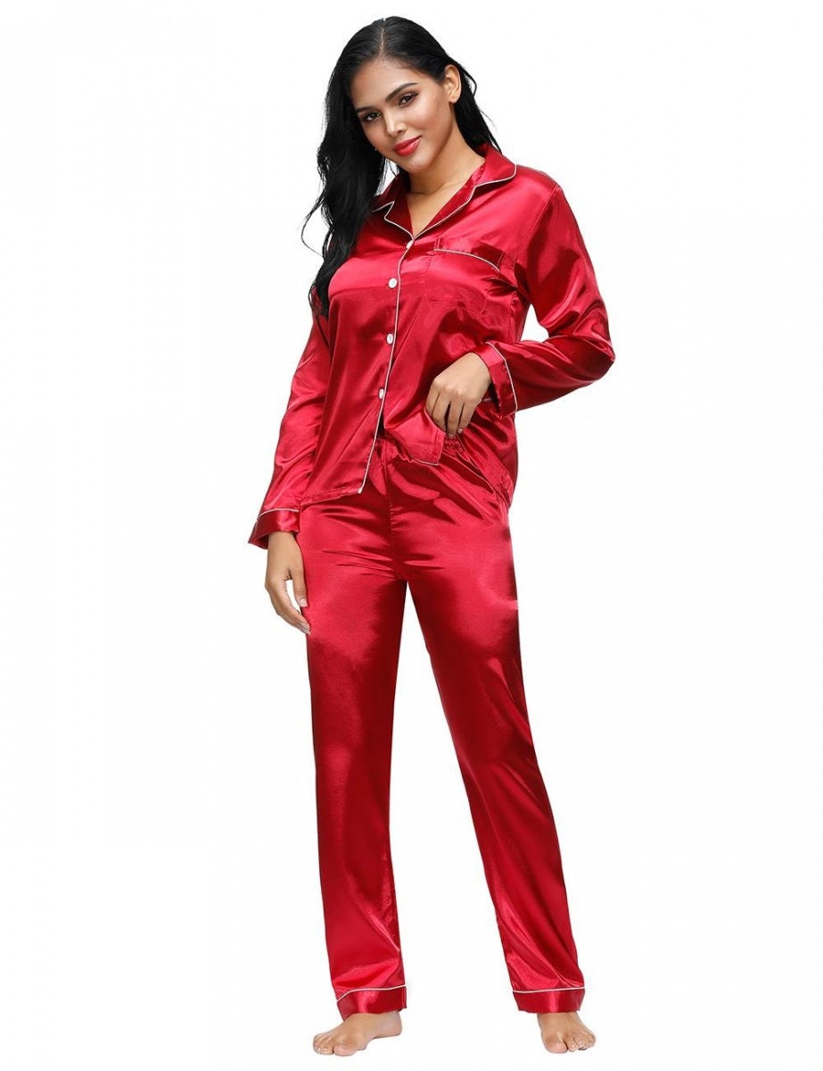 Women's Pajama Pajamas Satin Look Red Long Sleeve | Etsy