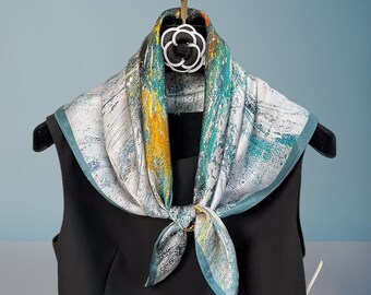 Abstract Light Teal 68cm 100% Silk Scarf, Women's Scarf, Fashion Scarf, Bandana, Headband, Scrunchie, Bag Accessory, Virginia Blossoms