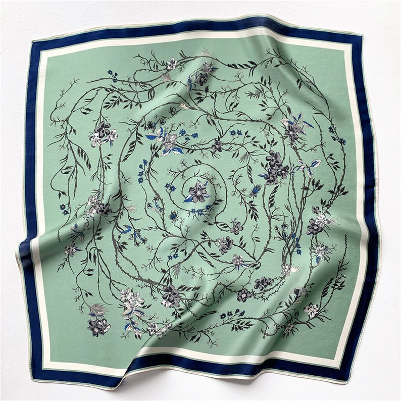 Green Floral 53cm Silk Square Scarf, Women's Scarf, Fashion Scarf, Bandana, Headband, Scrunchie, Bag Accessory, Virginia Blossoms image 2