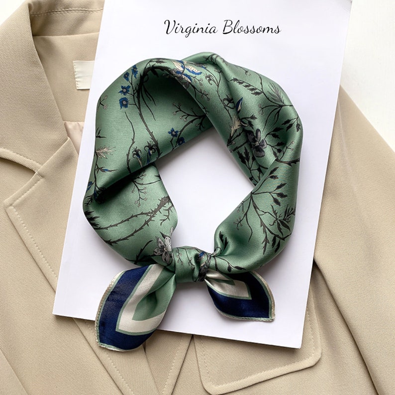 Green Floral 53cm Silk Square Scarf, Women's Scarf, Fashion Scarf, Bandana, Headband, Scrunchie, Bag Accessory, Virginia Blossoms image 1