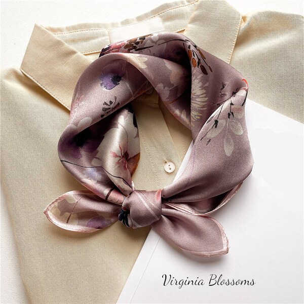 Floral Lilac Taupe 53cm 100% Silk Square Scarf, Women's Scarf, Fashion Scarf, Bandana, Headband, Scrunchie, Bag Accessory, Gift Idea