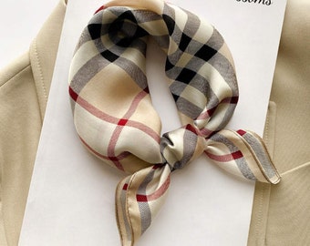 Checkered 53cm 100% Silk Square Scarf, Women's Scarf, Men's Scarf, Fashion Scarf, Bandana, Headband, Scrunchie, Geometric Stripes Beige