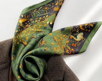 Dark Green Floral 68cm Silk Square Scarf, Women's Scarf, Fashion Scarf, Bandana, Headband, Bag Accessory, Autumn Color Birds and Pears Print