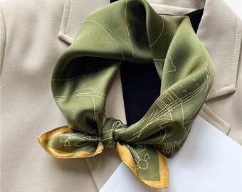 Dark Moss Green 53cm Silk Scarf Square, Women's Scarf, Fashion Scarf, Bandana, Silk Head Scarf, Small Scarf, Gift Idea, Yellow Cream Scarf