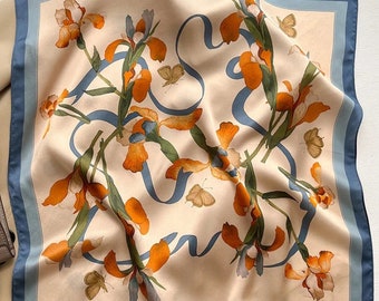 Orange Petals 53cm Silk Square Scarf, Women's Scarf, Fashion Scarf, Silk Bandana, Silk Head Scarf, Bag Scarf, Gift Idea, Silk Floral Pattern