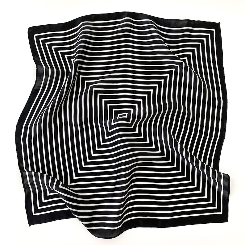 Geometric Stripes 53cm Silk Square Scarf, Women's Scarf, Fashion Scarf, Silk Bandana, Silk Head Scarf, Neck Scarf, Gift Idea, Black Scarf zdjęcie 3