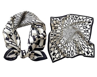 Black & White 53cm 100% Silk Square Scarf, Women's Scarf, Fashion Scarf, Bandana, Headband, Bag Accessory, Gift Idea, Geometric Pattern