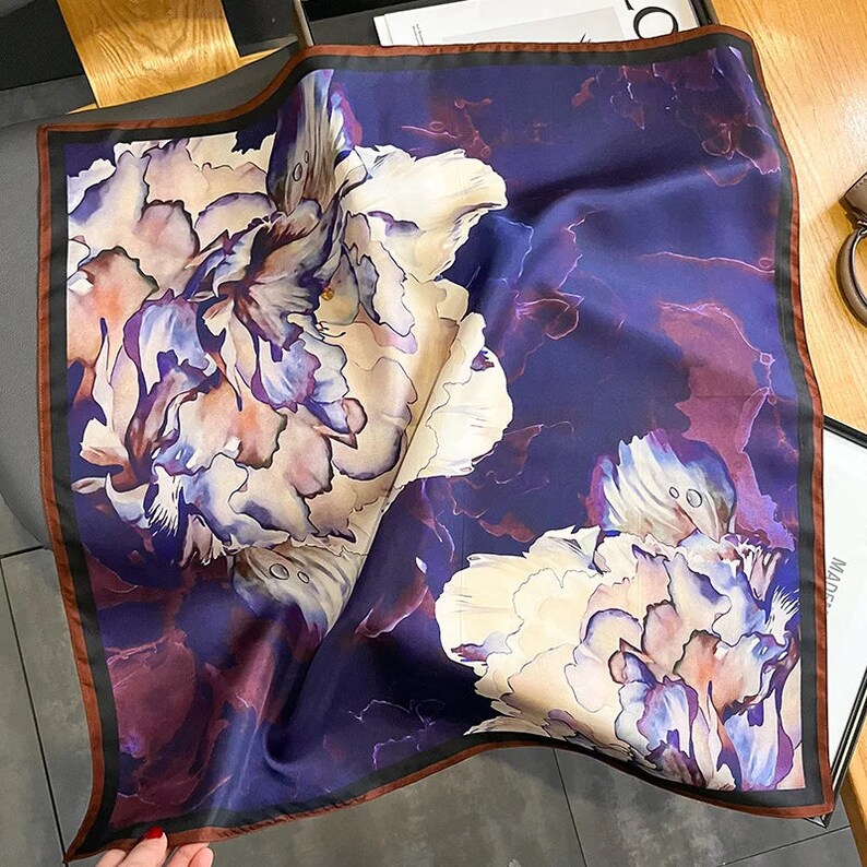 Deep Red Maroon 68cm 100% Silk Scarf, Women's Scarf, Fashion Scarf, Silk Bandana, White Flower, Dark Blue Purple, Floral Scarf zdjęcie 6