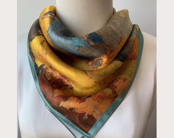 Lake In Autumn Silk Square Scarf, Women's Scarf, Fashion Scarf, Bandana, Headband, Bag Accessory, Gift Idea, Mustard Nature Print