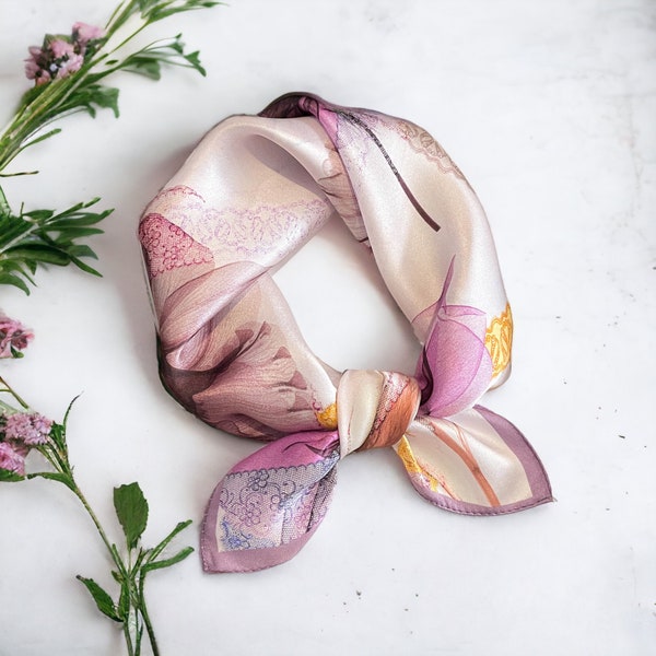 Angel Trumpet Print 53cm 100% Silk Square Scarf, Women's Scarf, Fashion Scarf, Bandana, Headband, Scrunchie, Bag Accessory, Floral Purple