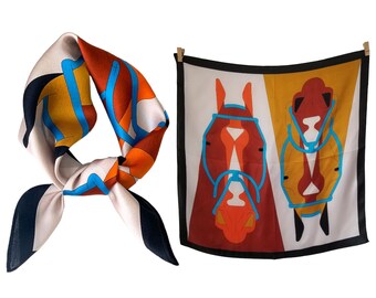 Foulard carré 100 % soie 53 cm, écharpe pour femme, écharpe tendance, bandana, serre-tête, écharpe de sac, idée cadeau, motif tête de cheval