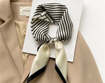 Crème en lijnen 68cm 100% zijden sjaal, damessjaal, modesjaal, bandana, hoofdband, scrunchie, tasaccessoire, cadeau-idee, Virginia Blossoms
