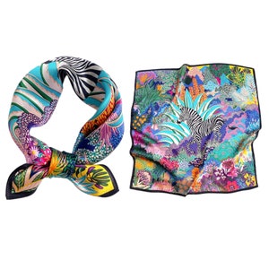 Zebra and Nature 53cm Mulberry Silk Scarf Square, Women's Scarf, Fashion Scarf, Silk Bandana, Silk Head Scarf, Small Neck Scarf, Multicolor