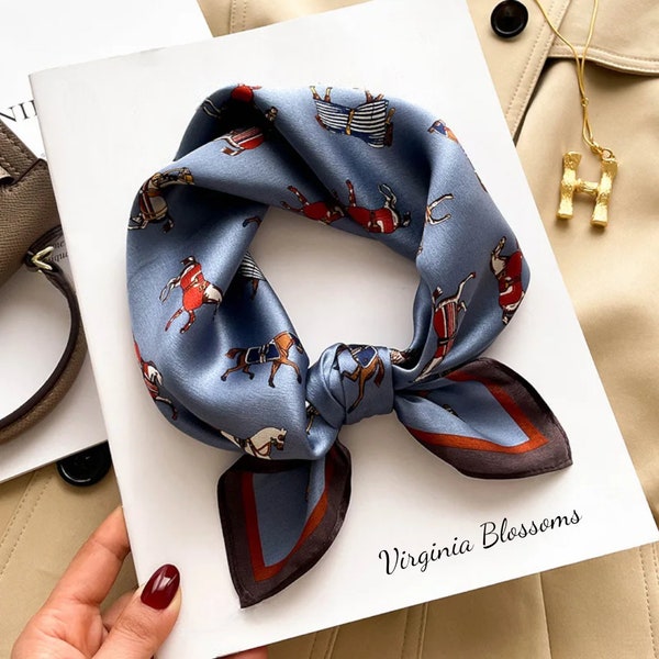 Imprimé Cheval 53cm Foulard Carré 100% Soie, Foulard Femme, Foulard Mode, Bandana, Bandeau, Accessoire de Sac, Idée Cadeau, Motif Équestre