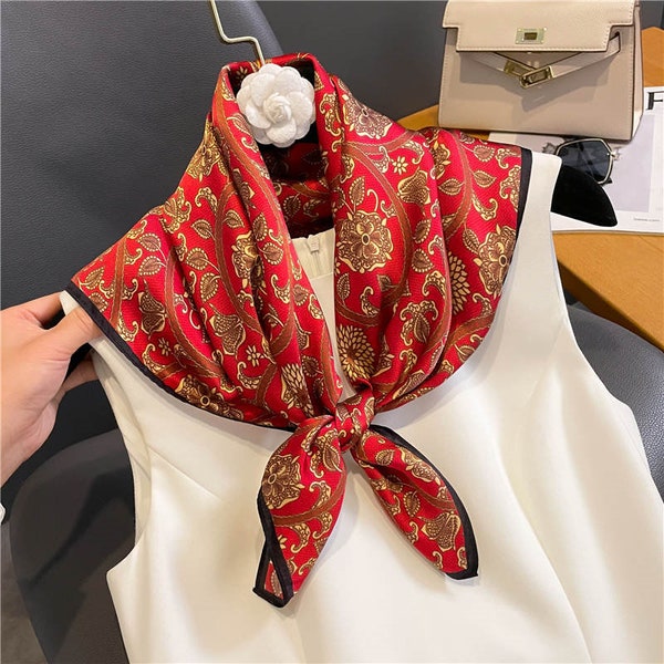 Foulard 100 % soie bordeaux rouge 68 cm, écharpe pour femme, écharpe pour homme, écharpe tendance, bandana, bandeau, chouchou, accessoire de sac, fleurs de Virginie