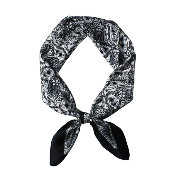 Paisley Black & White Square Scarf 70cm Silk-Feel, Women's Scarf, Hair Scrunchie, Bag Accessory, Bandana, Head Scarf, Gift Idea