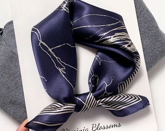 Couture Print 53cm 100% Silk Square Scarf, Women's Scarf, Men's Scarf, Fashion Scarf, Silk Bandana, Headband, Bag Accessory, Navy Blue Scarf