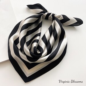 Stripe Squares 53cm 100% Silk Square Scarf, Women's Scarf, Men's Scarf, Fashion Scarf, Silk Bandana, Geometric Lines, Black Stripes