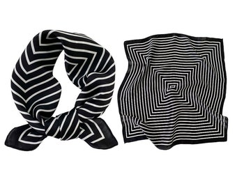 Geometric Stripes 53cm Silk Square Scarf, Women's Scarf, Fashion Scarf, Silk Bandana, Silk Head Scarf, Neck Scarf, Gift Idea, Black Scarf