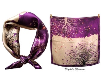 Foulard en soie 53 cm beige violet, écharpe pour femme, écharpe tendance, bandana, foulard en soie, foulard pour la tête, chute de feuilles d'arbre, écharpe violette