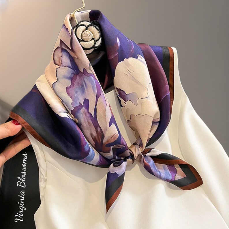 Deep Red Maroon 68cm 100% Silk Scarf, Women's Scarf, Fashion Scarf, Silk Bandana, White Flower, Dark Blue Purple, Floral Scarf zdjęcie 5