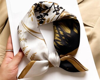 Foulard carré 100 % soie 53 cm Golden Moss & Black, écharpe pour femme, écharpe tendance, bandana en soie, bandeau, chouchou, écharpe à fleurs