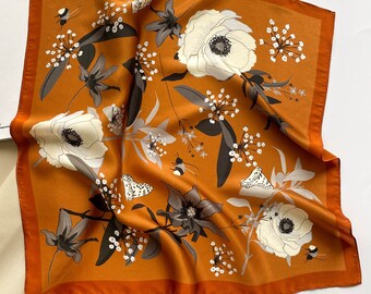 Foulard carré 100 % soie à fleurs 53 cm, écharpe pour femme, écharpe tendance, bandana, bandeau, chouchou, accessoire de sac, idée cadeau