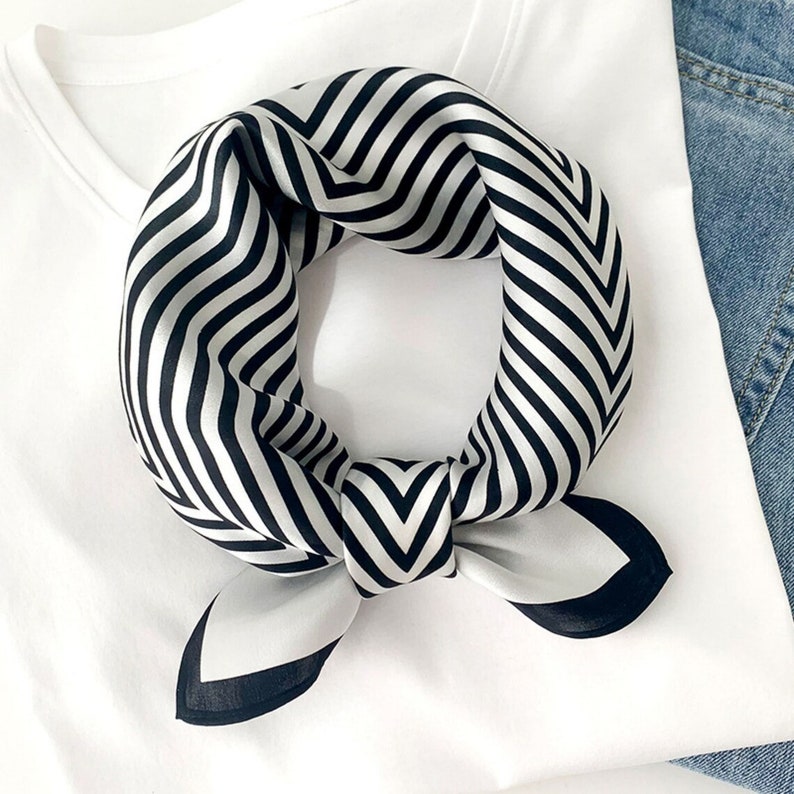 Geometric Stripes 53cm Silk Square Scarf, Women's Scarf, Fashion Scarf, Silk Bandana, Silk Head Scarf, Neck Scarf, Gift Idea, Black Scarf White