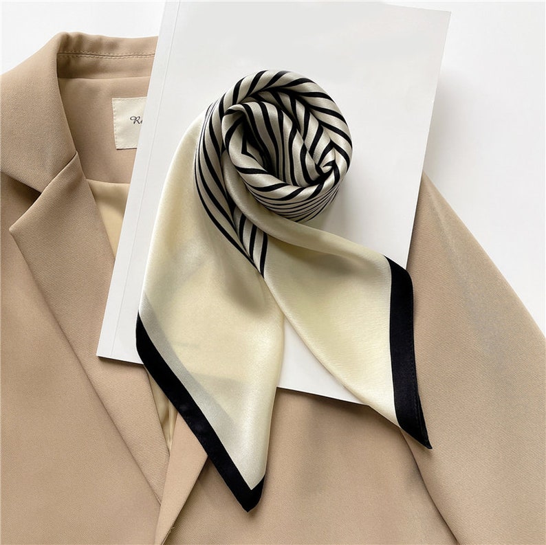 Cream and Lines 68cm 100% Silk Scarf, Women's Scarf, Fashion Scarf, Bandana, Headband, Scrunchie, Bag Accessory, Gift Idea,Virginia Blossoms image 3