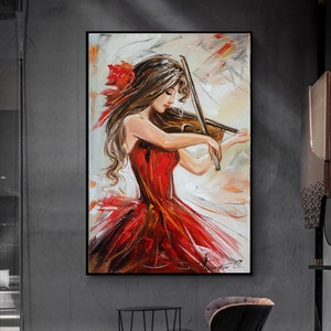 Red Woman Art Girl Playing Violin Print Classical Music Wall Art Musician Gifts Girl in Red Print Abstract Music Art Canvas Woman Art Print