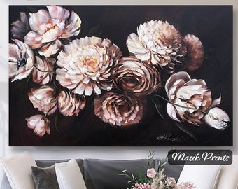 Moody Floral Print Dark Canvas Art Peony Print Above Bed Art Large White Peonies Home Wall Decore Dark Academia Decor Floral Wall Art Print