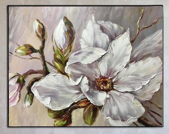 White Magnolia Print Spring Blossom Wall Art Modern Floral Print Neutral Color Prints Pastel Flower Art Magnolia Wall Art Large Floral Art