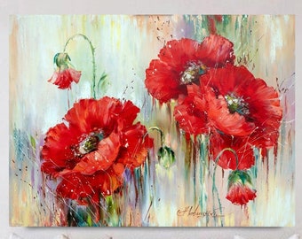 Poppies Art Print Red Flowers Wall Art Abstract Floral Art Print Canvas Botanical Room Decor Large Poppy Flower Art for Kitchen Dining Room