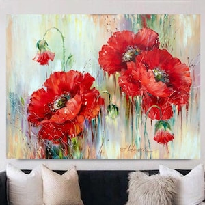 Poppies Art Print Red Flowers Wall Art Abstract Floral Art Print Canvas Botanical Room Decor Large Poppy Flower Art for Kitchen Dining Room