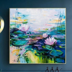 Claude Monet Art Print Canvas Lotus Flower Wall Art Water Lily Art Lotus Flower Decor Lakehouse Monet Wall Art 30x30 Print Water Lilies Art