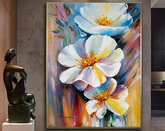 Large Flower Wall Art Abstract Print Floral Canvas Art Yellow Blossoming Print Bloom Decor Luxury Modern Abstract White Flowers Print
