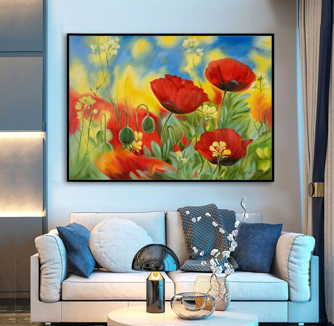 Meadow Art Print Poppy Canvas Print Cottage Core Decor Green Red Over ...