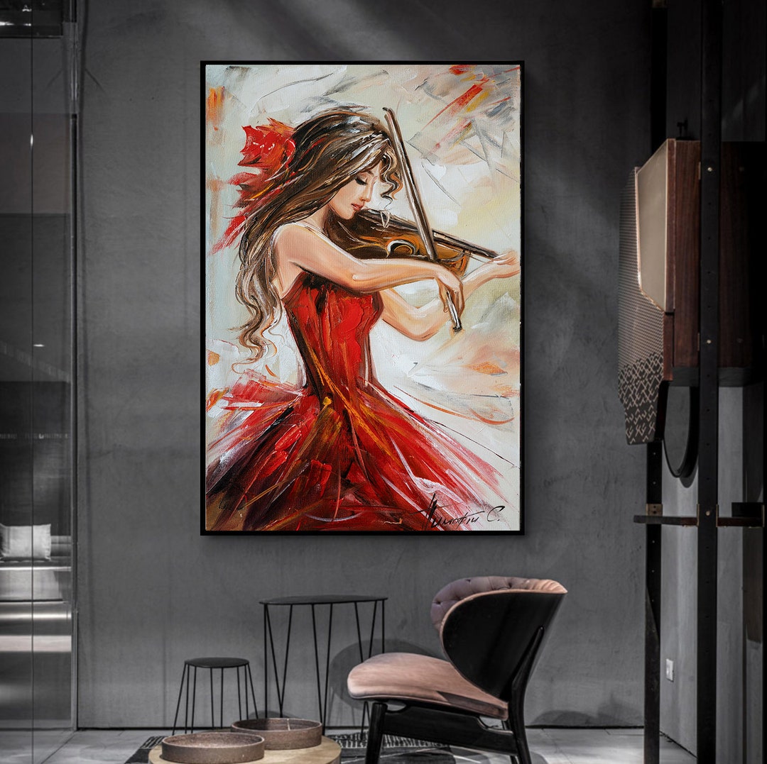 Red Woman Art Girl Playing Violin Print Classical Music Wall Art ...
