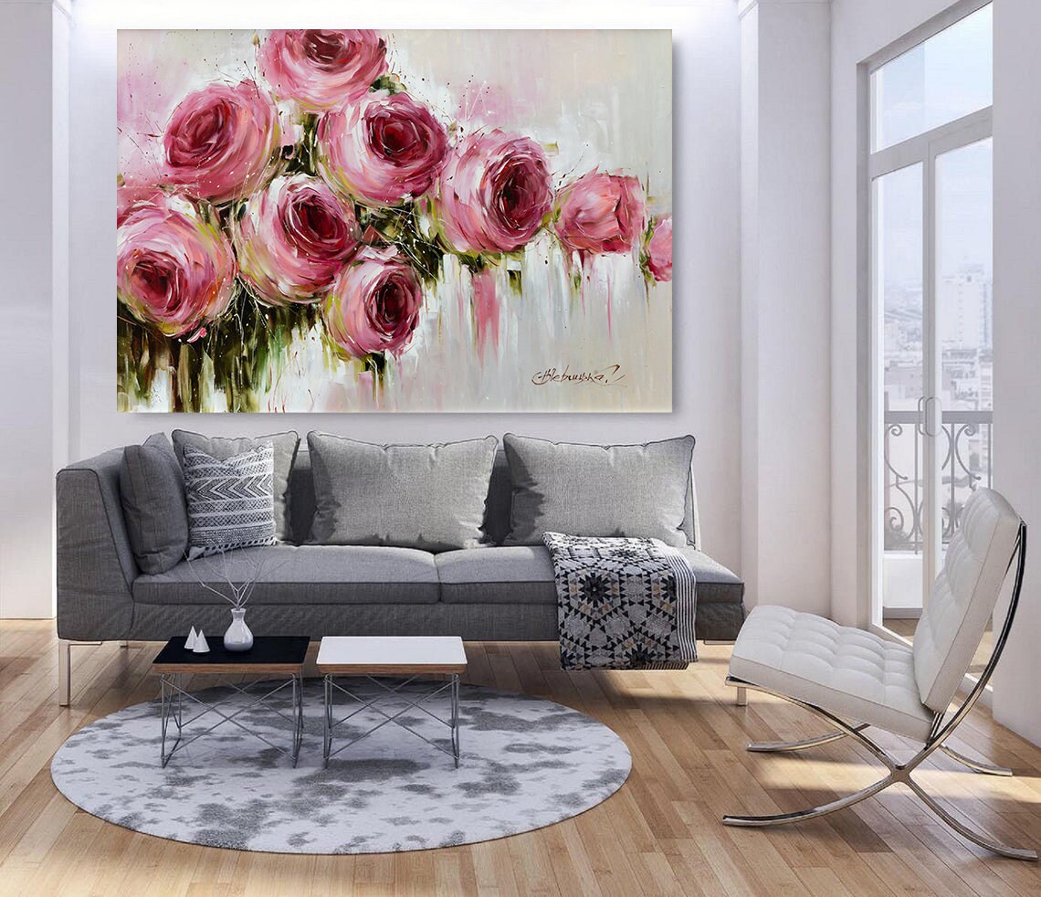 Abstract Flower Wall Art Large Art Print Floral Canvas Art Pink Roses ...