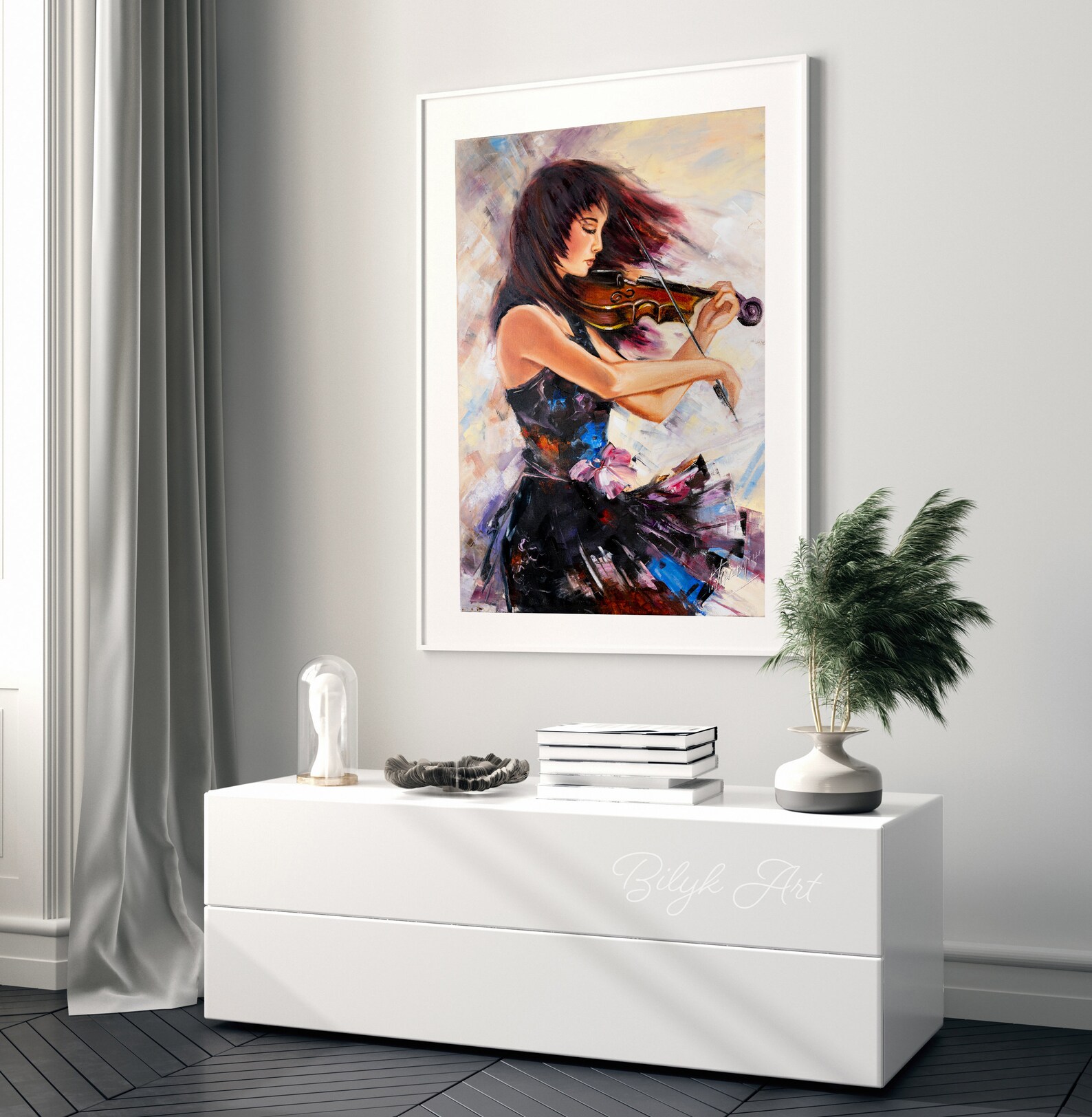 Modern Girl Art Music Art Print Musician Wall Art Navy Blue Art Print