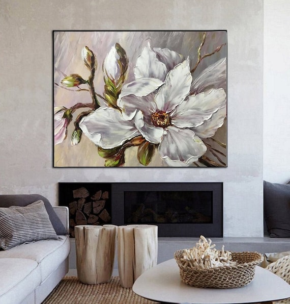 White Magnolia Print Spring Blossom Wall Art Modern Floral Print Neutral Color Prints Pastel Flower Art Magnolia Wall Art Large Floral Art