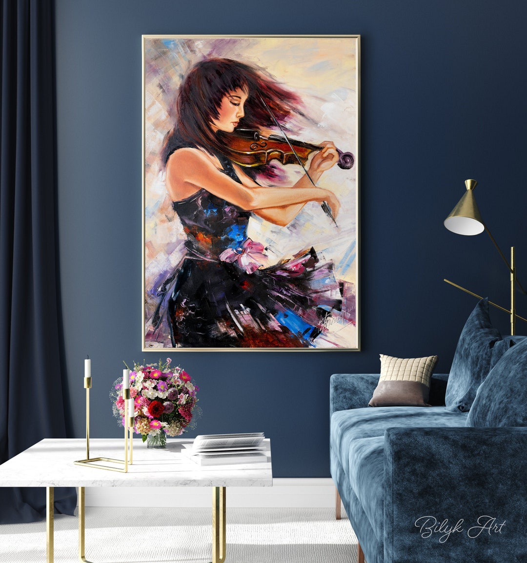 Modern Girl Art Music Art Print Musician Wall Art Navy Blue Art Print