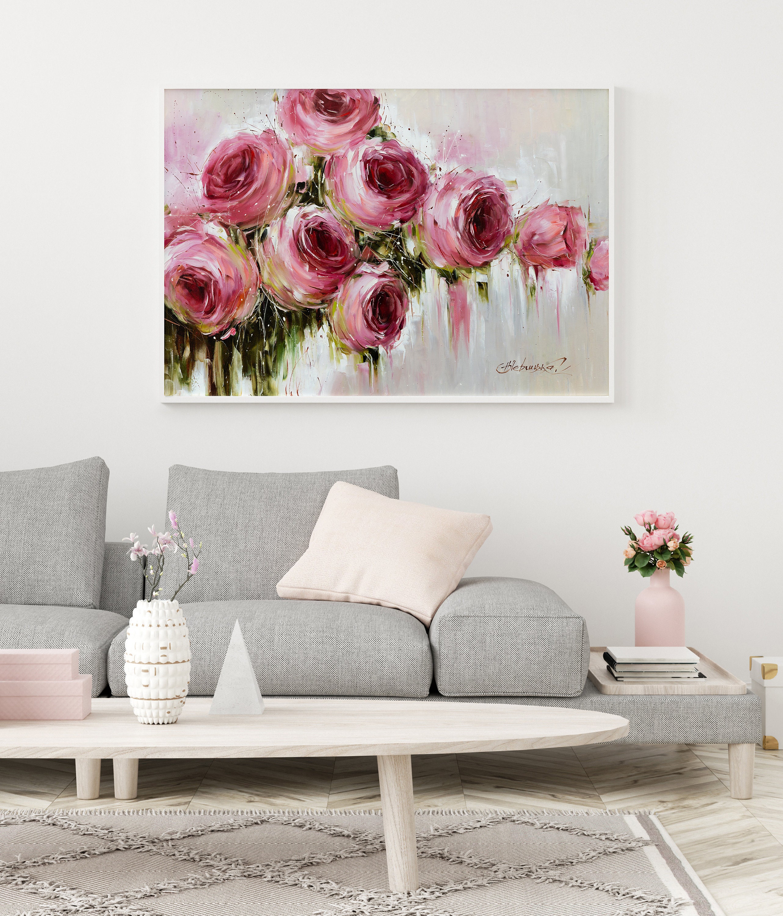 Abstract Flower Wall Art Large Art Print Floral Canvas Art Pink Roses ...