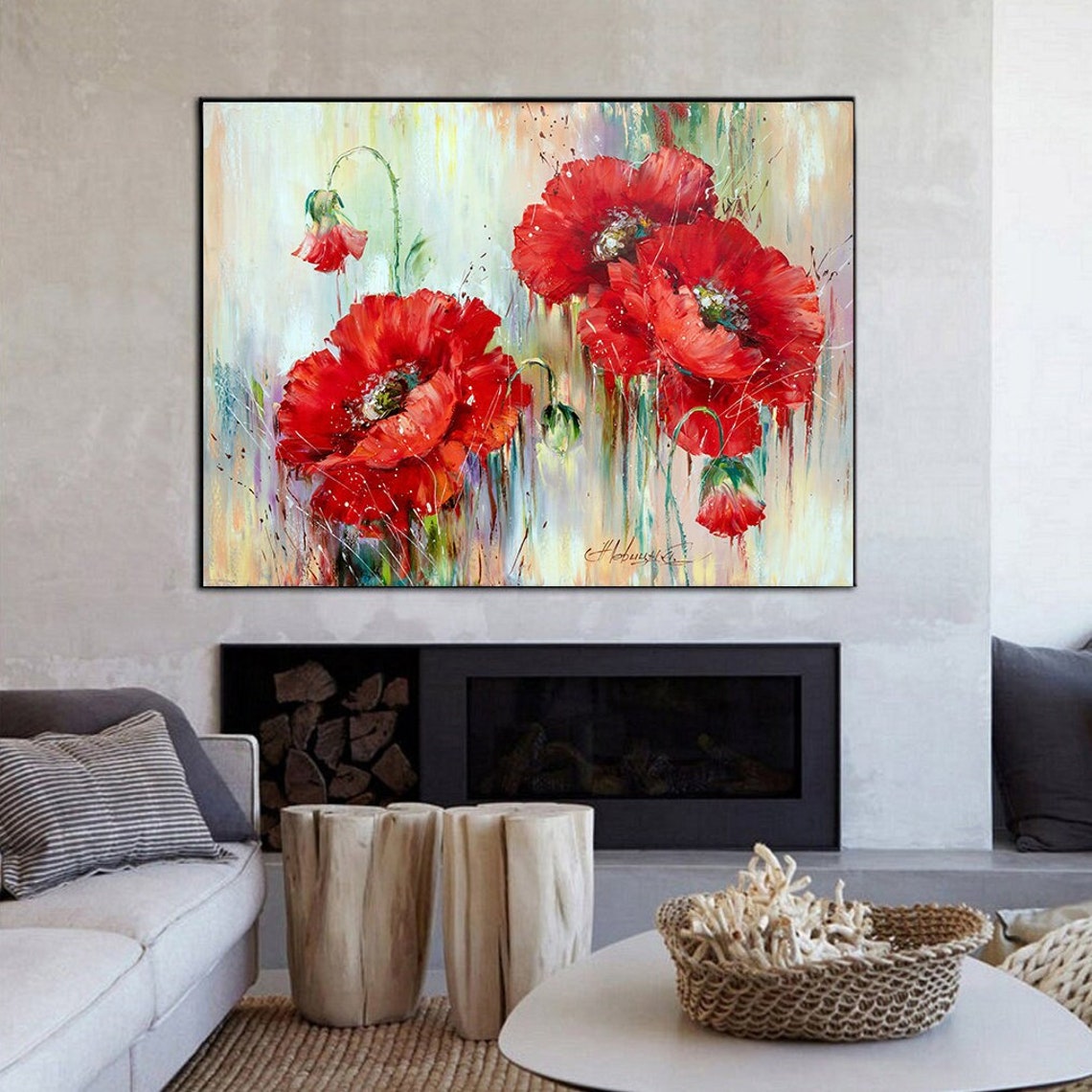Poppies Art Print Red Flowers Wall Art Abstract Floral Art Print Canvas ...