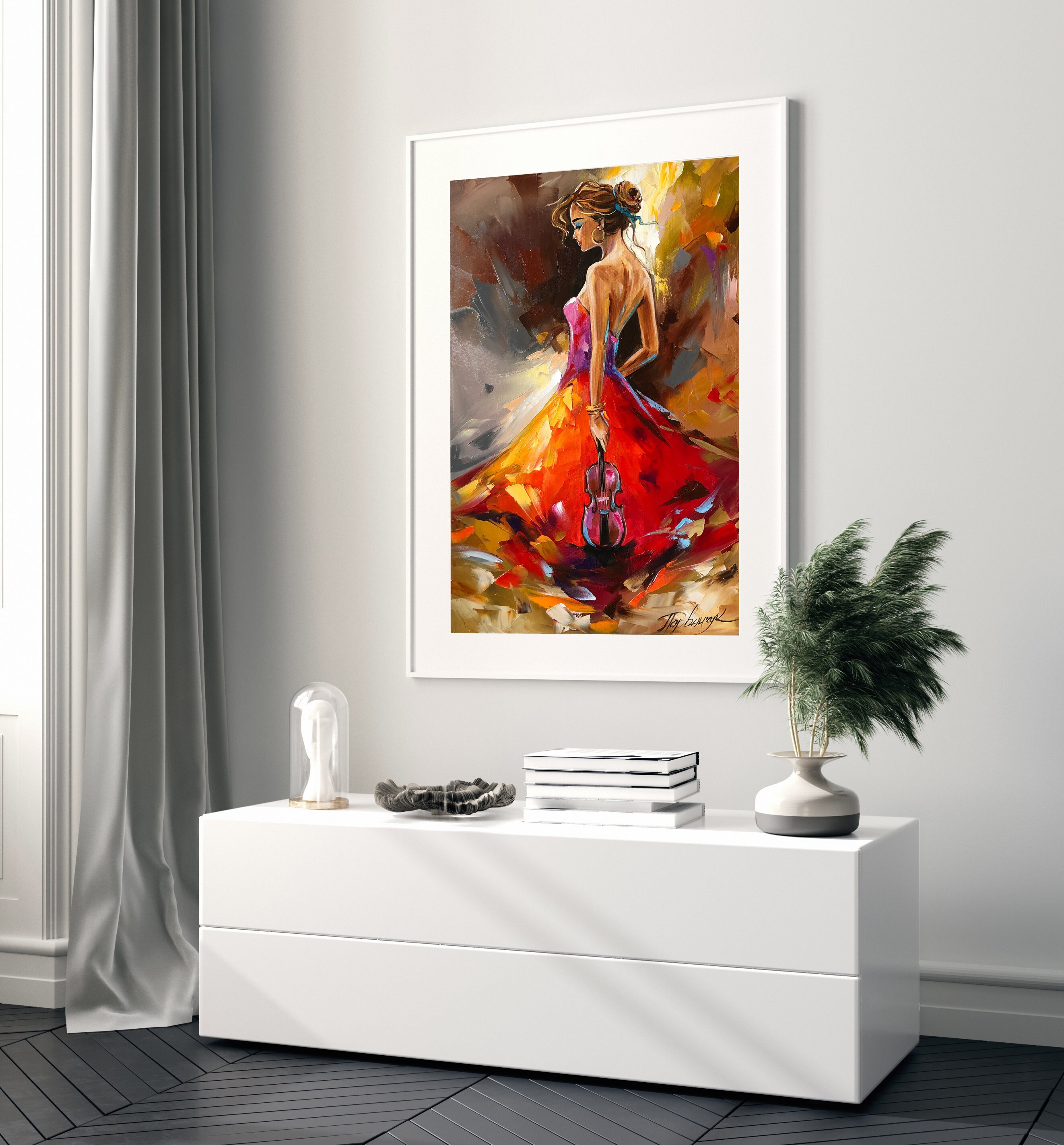 Girl in Red Print Abstract Woman Print Violin Art Print Figurative Art ...